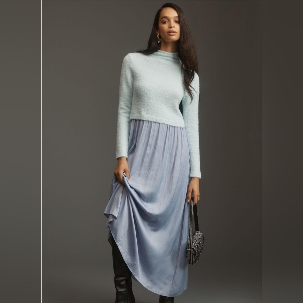 NWT Anthropologie Long Sleeve Thea Eyelash Twofer Sweater Dress in SKYE …